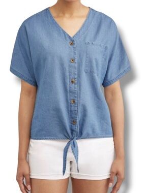 Time and Tru Women’s Blue Denim Chambray Button Up Bottom Tie Knot Detail Top